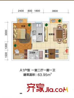 紫荊花園1號樓A1戶型 1室2廳1衛(wèi)1廚