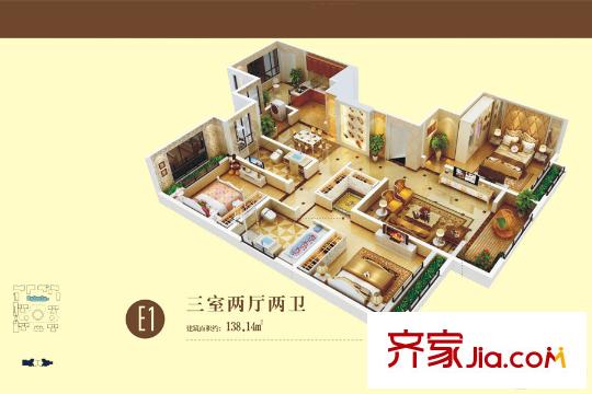 長樂府1號(hào)樓E1戶型 3室2廳2衛(wèi)1廚