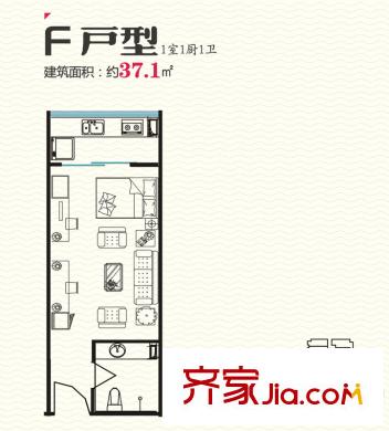 紫郡長安公寓F戶型 1室1廳1衛(wèi)1廚