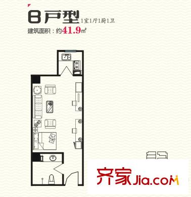 紫郡長(zhǎng)安公寓B戶(hù)型 1室1廳1衛(wèi)1廚