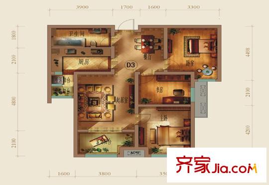 天地源?丹軒坊D3戶型 3室2廳1衛(wèi)1廚