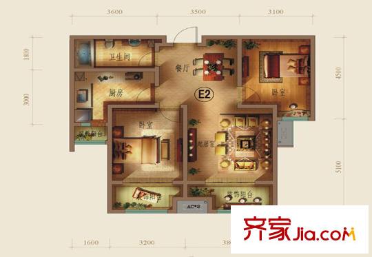 天地源?丹軒坊E2戶型 2室2廳1衛(wèi)1廚