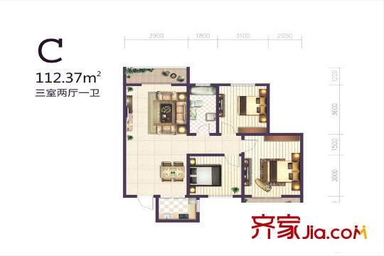 碧璽華庭2號(hào)樓2單元C戶型 3室2廳1衛(wèi)1廚