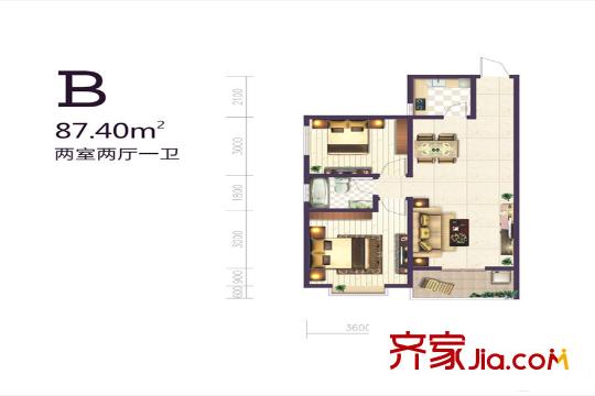 碧璽華庭2號(hào)樓1單元B戶型 2室2廳1衛(wèi)1廚