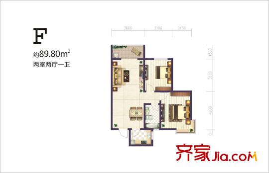 碧璽華庭F戶型 2室2廳1衛(wèi)1廚