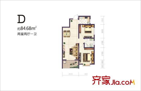 碧璽華庭D戶型 2室2廳1衛(wèi)1廚