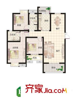 榮華水岸新城二期66#B戶型標(biāo)準(zhǔn)層戶型圖 3室2廳2衛(wèi)1廚
