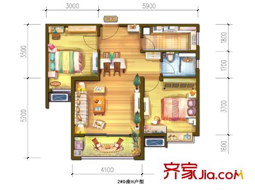 宮園壹號二期D棟H戶型 2室2廳1衛(wèi)1廚