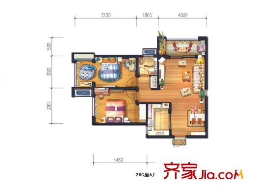 宮園壹號二期C棟A戶型 2室2廳1衛(wèi)1廚