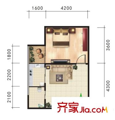 華旗東郡1號樓G戶型 1室1廳1衛(wèi)1廚