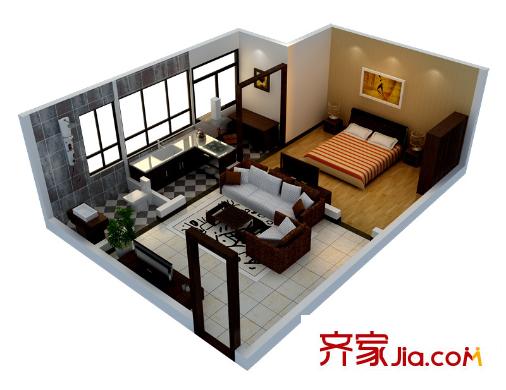 華旗東郡1號樓G戶型裝修示意圖 1室1廳1衛(wèi)1廚