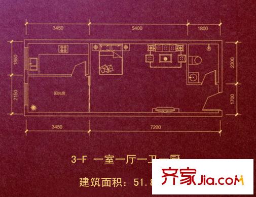 盛龍廣場(chǎng)戶型圖 3-F 1室1廳1衛(wèi)1廚