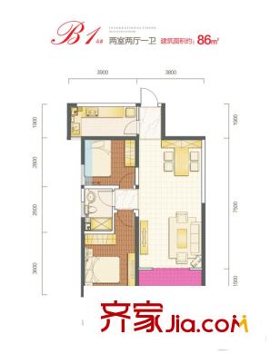 西安三迪楓丹一期4號(hào)樓B1戶型 2室2廳1衛(wèi)1廚