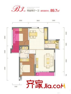 西安三迪楓丹一期4號(hào)樓B3戶型 2室2廳1衛(wèi)1廚