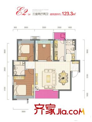 西安三迪楓丹一期5號樓E2戶型 3室2廳2衛(wèi)1廚