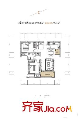 頤馨?濕地壹平方米9號樓C戶型 2室2廳1衛(wèi)1廚
