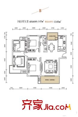 頤馨?濕地壹平方米8號樓B戶型 3室2廳2衛(wèi)1廚