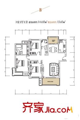 頤馨?濕地壹平方米9號樓B戶型 3室2廳2衛(wèi)1廚