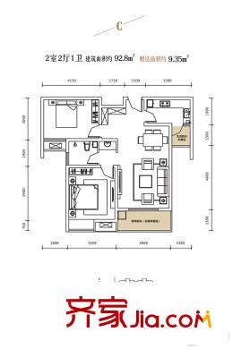 頤馨?濕地壹平方米8號樓C戶型 2室2廳1衛(wèi)1廚