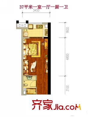 中海紫御華府?中海派28號(hào)樓C戶型 1室1廳1衛(wèi)1廚