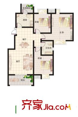 榮華水岸新城二期50#D戶型標(biāo)準(zhǔn)層戶型圖  3室2廳2衛(wèi)1廚