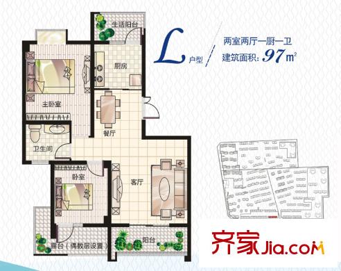 榮華水岸新城L戶型標(biāo)準(zhǔn)層戶型圖 2室2廳1衛(wèi)1廚