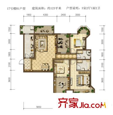 中冶?一曲江山17號樓123平B1戶型圖 3室2廳2衛(wèi)1廚