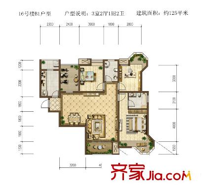 中冶?一曲江山16號樓123平B1戶型圖 3室2廳2衛(wèi)1廚