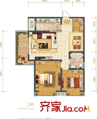 曲江紫汀苑2-E戶型 2室2廳1衛(wèi)1廚