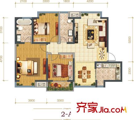 曲江紫汀苑2-A戶型 3室2廳2衛(wèi)1廚
