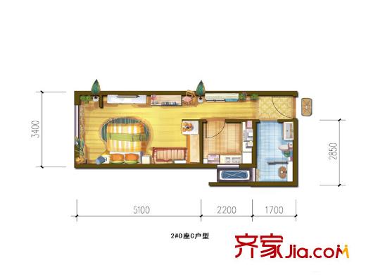 宮園壹號二期D棟C戶型 1室1廳1衛(wèi)1廚
