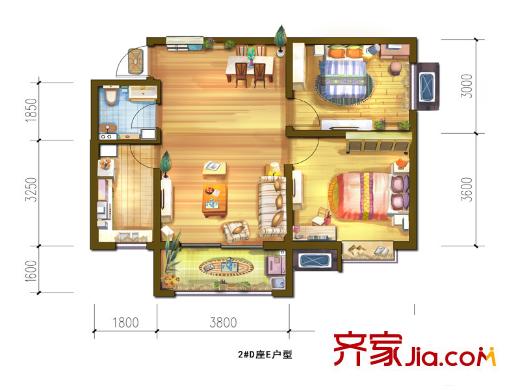 宮園壹號二期D棟E戶型 2室2廳1衛(wèi)1廚
