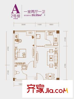 盛龍廣場(chǎng)2號(hào)樓A戶型 1室2廳1衛(wèi)1廚