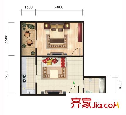 華旗東郡2號樓C戶型 1室1廳1衛(wèi)1廚