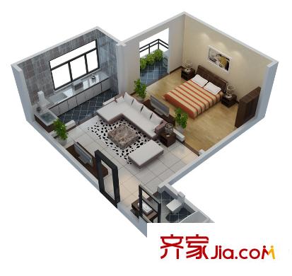 華旗東郡2號樓C戶型裝修示意圖 1室1廳1衛(wèi)1廚