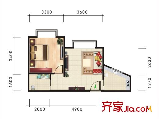 華旗東郡1號樓B戶型 1室1廳1衛(wèi)1廚