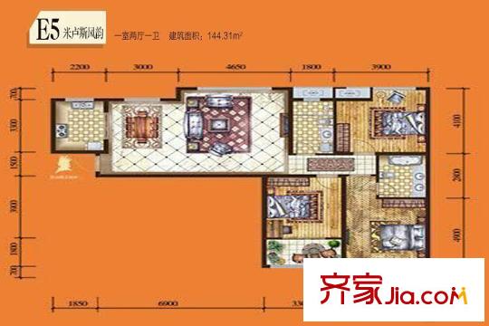 騰業(yè)?國王鎮(zhèn)5、7號樓E5戶型（售完） 1室2廳1衛(wèi)1廚