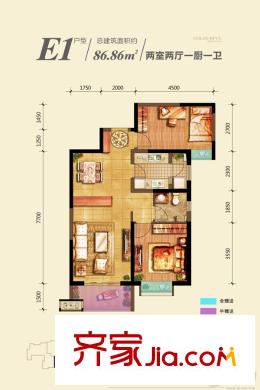 中鐵?繽紛新城E1戶型 2室2廳1衛(wèi)1廚
