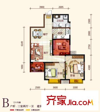 逸景平方米居7/11號(hào)樓B戶(hù)型 3室2廳1衛(wèi)1廚