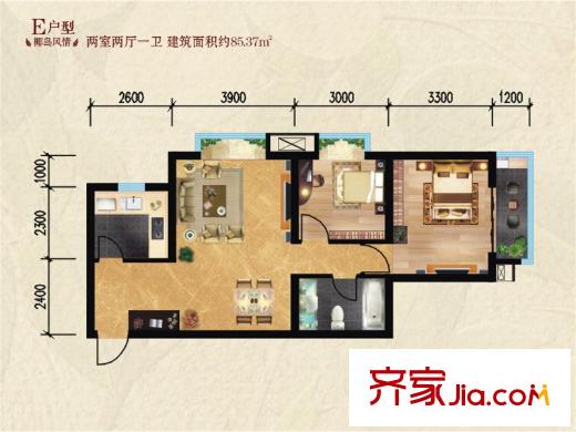 翠屏灣3期巴厘小鎮(zhèn)3期1、2幢E戶型 2室2廳1衛(wèi)1廚
