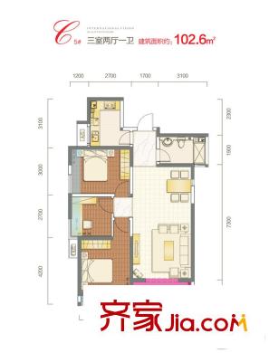 西安三迪楓丹一期5號(hào)樓C戶型 3室2廳1衛(wèi)1廚