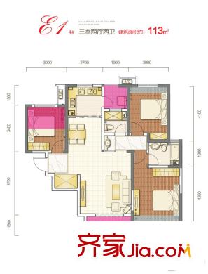 西安三迪楓丹一期4號樓E1戶型 3室2廳2衛(wèi)1廚