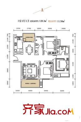 頤馨?濕地壹平方米8號樓A戶型 3室2廳2衛(wèi)1廚