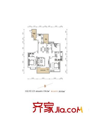 頤馨?濕地壹平方米10號樓樓B戶型 3室2廳2衛(wèi)1廚