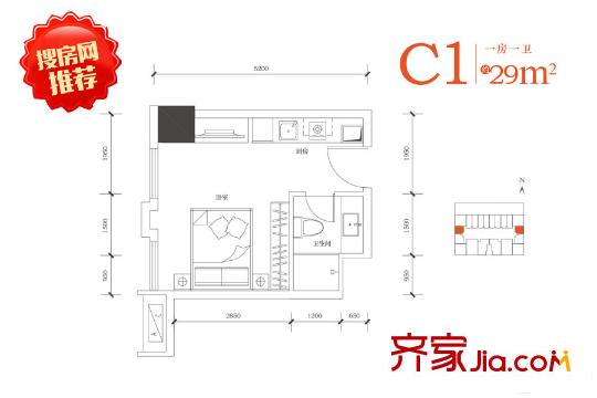 合能朱闕公寓C1戶型29平方米 1室1衛(wèi)