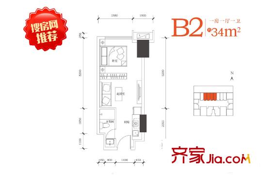 合能朱闕公寓B2戶型34平方米 1室1廳1衛(wèi)