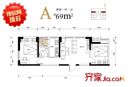 合能朱闕A戶(hù)型 2室1廳1衛(wèi)1廚