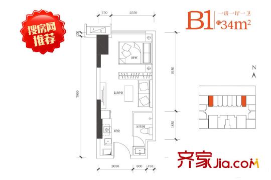 合能朱闕公寓B1戶型34平方米 1室1廳1衛(wèi)