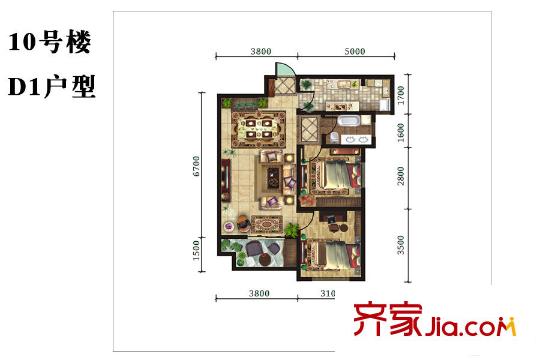 龍泊灣10號樓D1戶型 2室2廳1衛(wèi)1廚