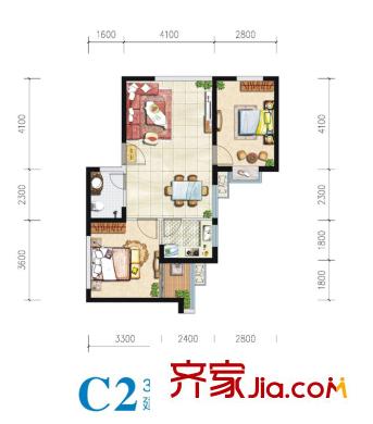 仕府公館3#C2戶(hù)型 2室1廳1衛(wèi)1廚